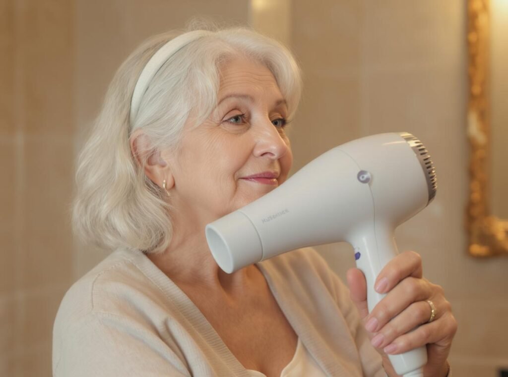 Elderly woman safely using lightweight hair dryer in comfortable bathroom setting