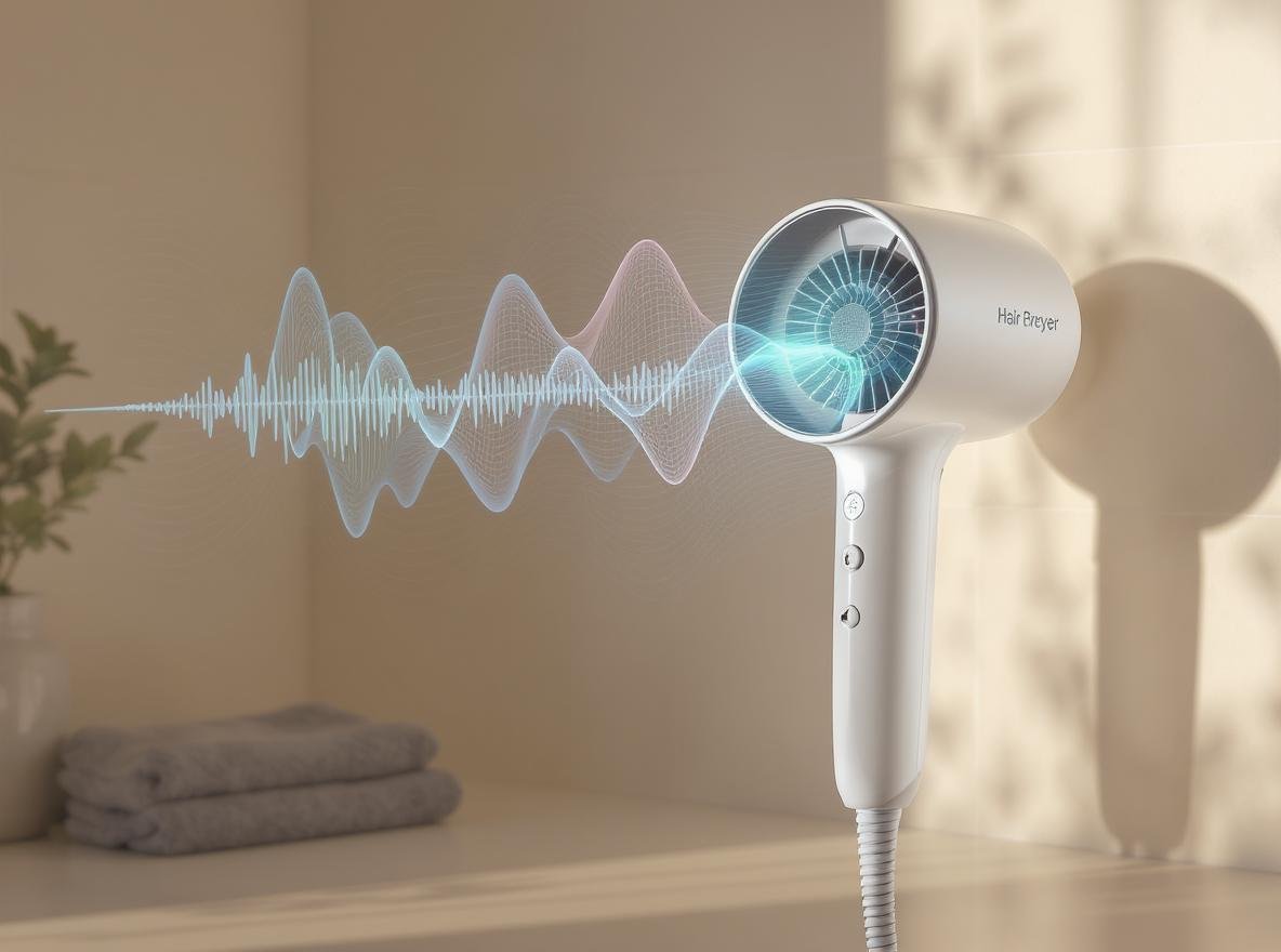 Ultra-quiet hair dryer under 70 decibels in modern bathroom with sound wave visualization
