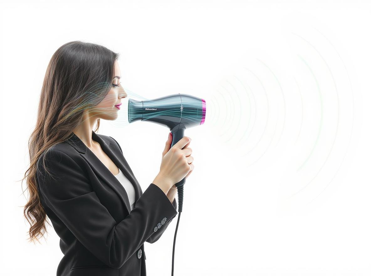 Woman using hair dryer with electromagnetic field visualization showing EMF radiation patterns