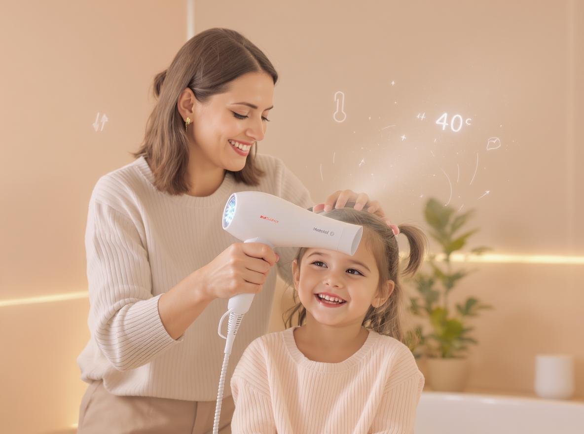 Child-safe hair dryer being used by mother on young daughter in bathroom
