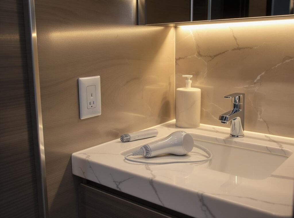RV bathroom interior with modern hair dryer on countertop showing electrical outlet