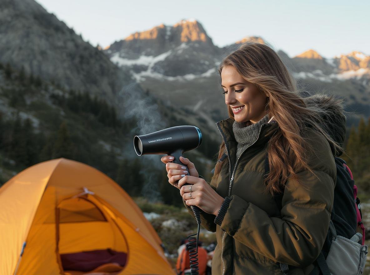 Cordless rechargeable hair dryer for camping and outdoor adventures on wooden table with mountain backdrop