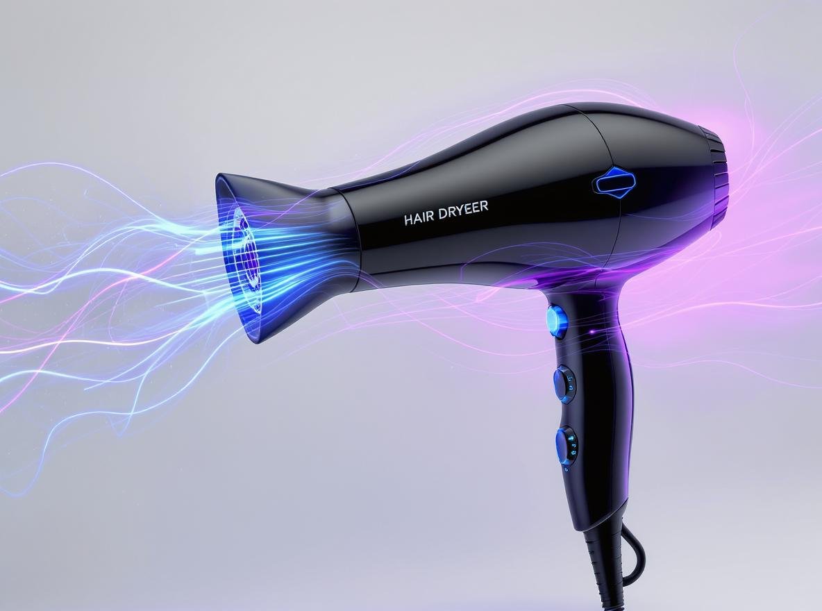 Plasma technology hair dryer with glowing energy streams and modern design