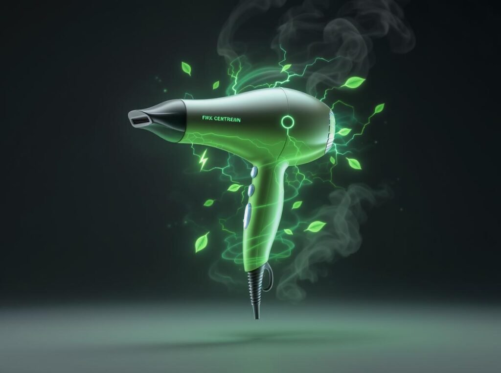 Energy-efficient hair dryer with green energy aura representing sustainability and power savings