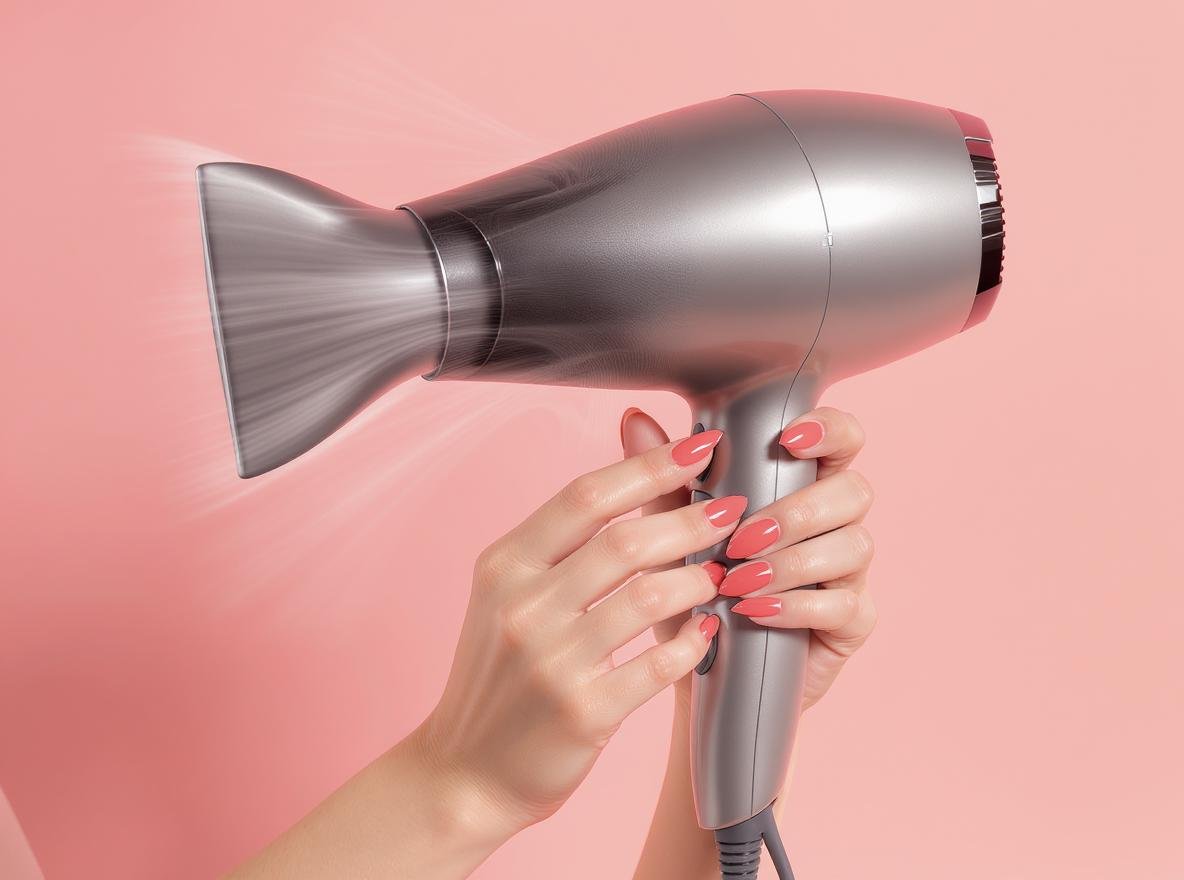 Woman using hair dryer on cool setting to dry coral nail polish faster