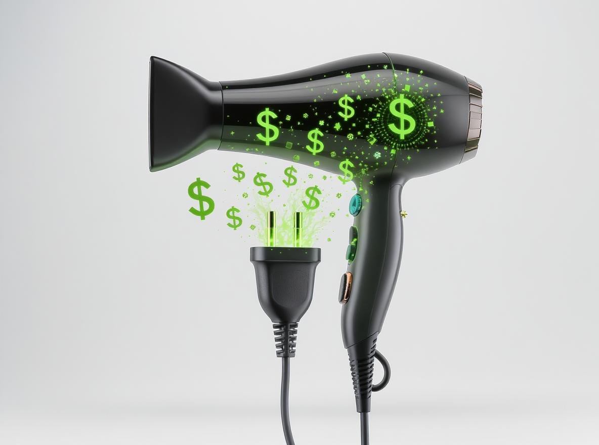 Energy-efficient hair dryer with cost savings symbols representing reduced electricity consumption