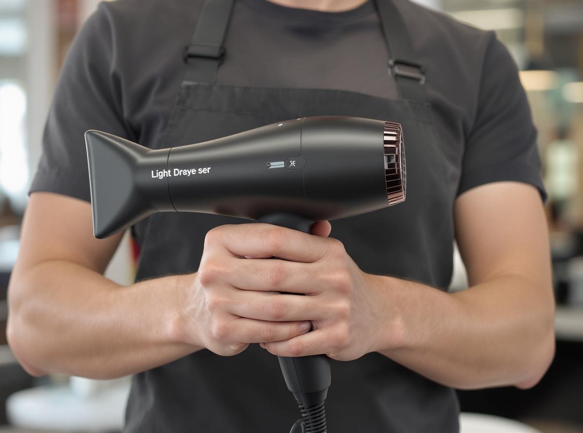 Professional hair stylist demonstrating ergonomic hair dryer grip in modern salon