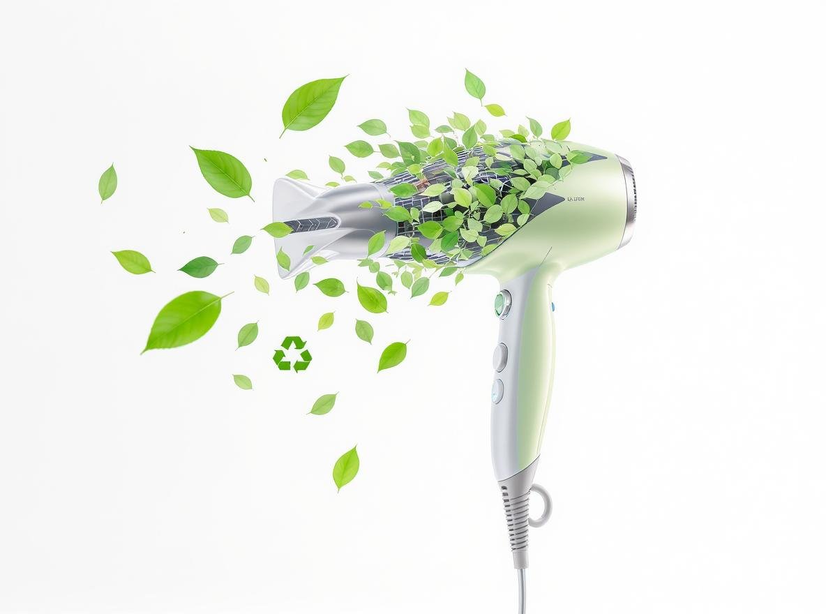Eco-friendly recyclable hair dryer with green sustainability symbols and natural elements