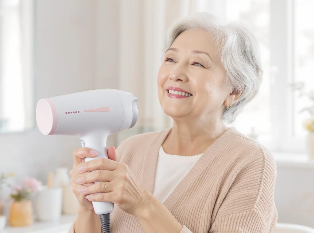 Elderly woman comfortably using lightweight arthritis-friendly hair dryer