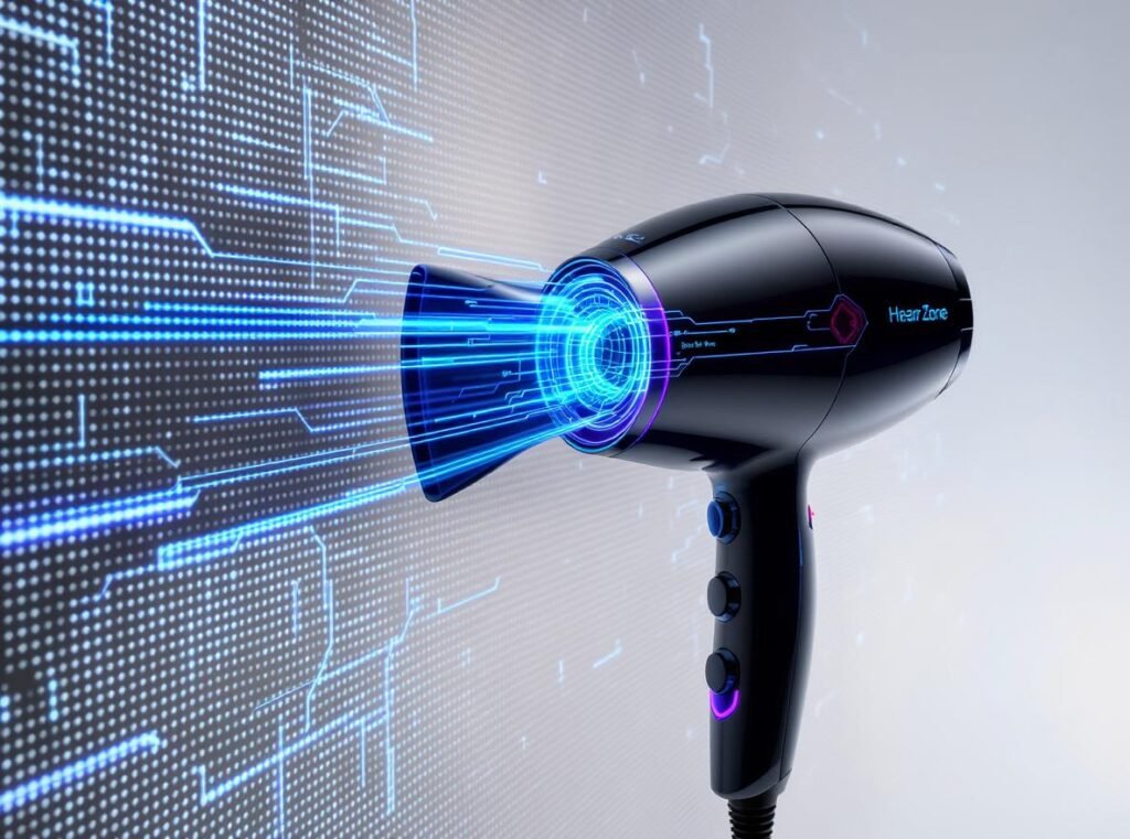 Modern hair dryer with proximity sensors showing blue sensor beams and overheating prevention technology