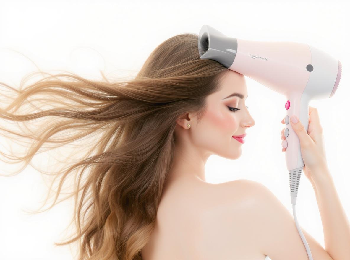 Woman using hair dryer at ideal 50°C temperature for sensitive scalp care