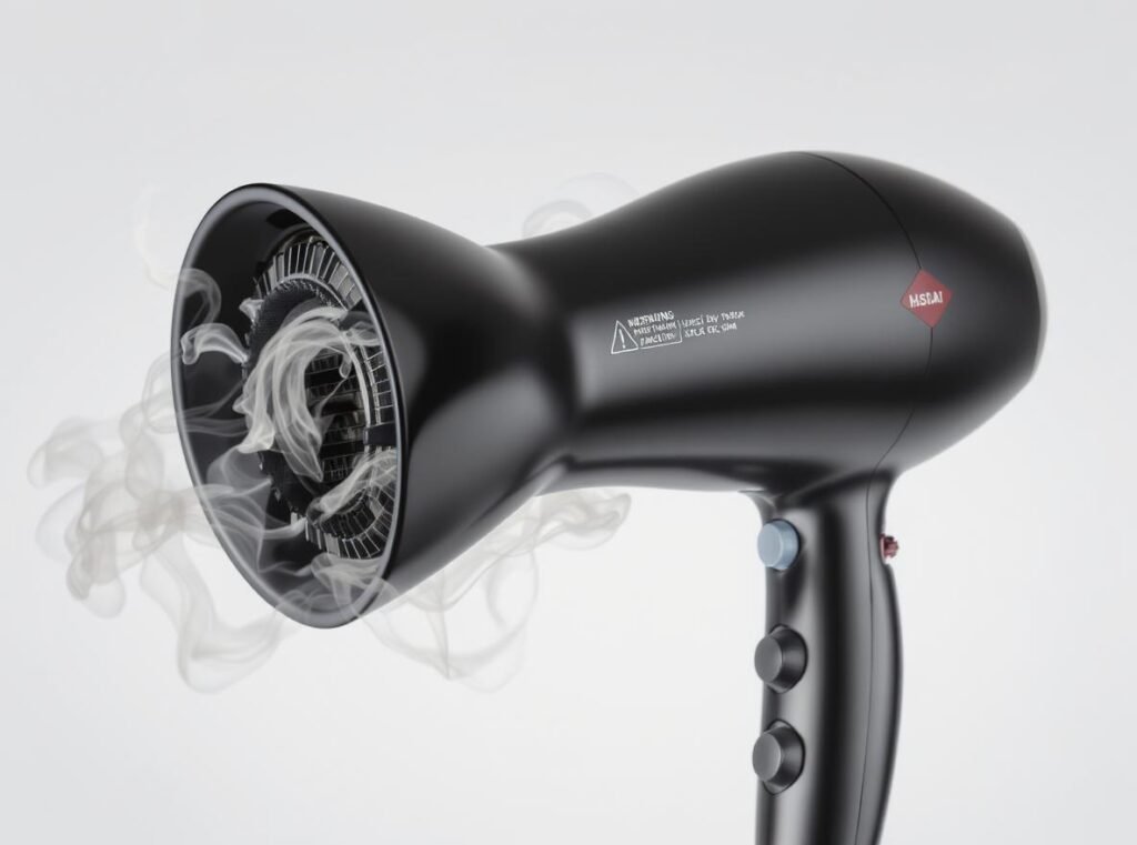 Hair dryer with burning smell and smoke indicating overheating problems