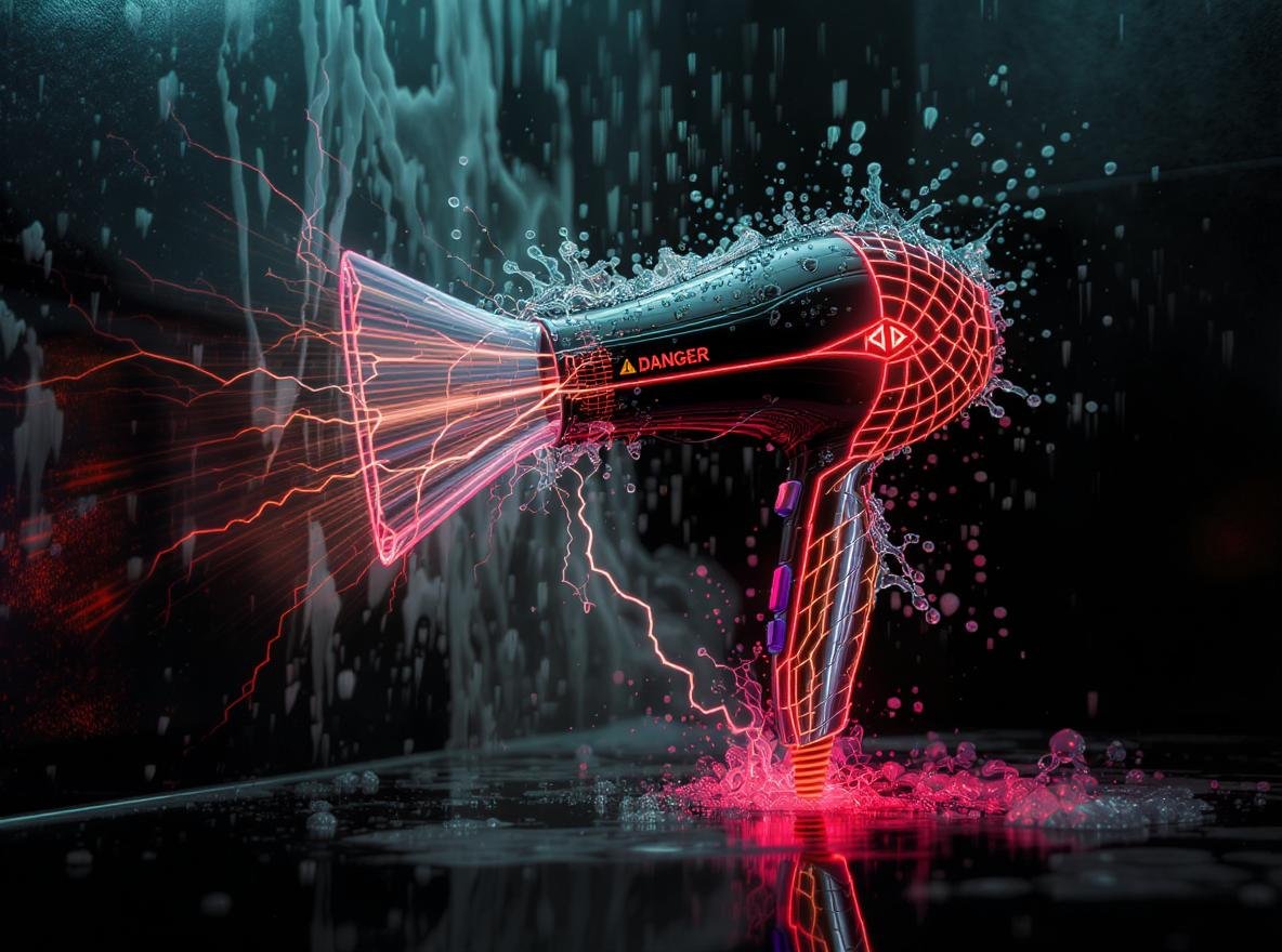 Hair dryer near water showing electrical safety hazards and warning symbols