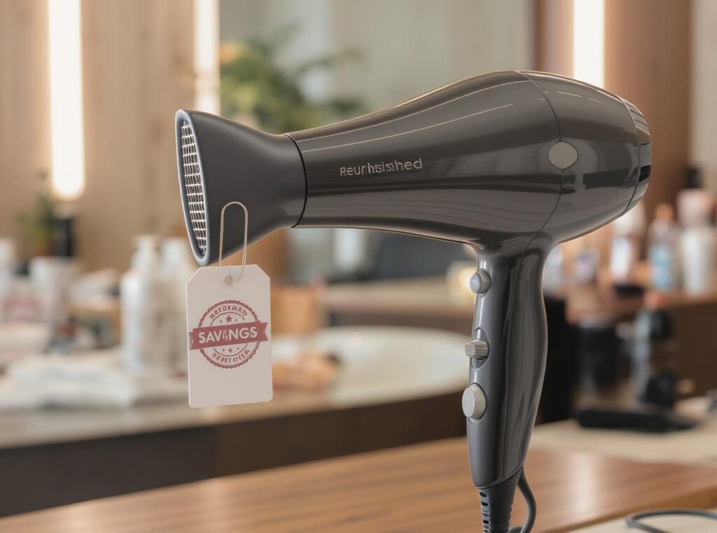 Refurbished hair dryer with certification badge showing savings in professional salon setting