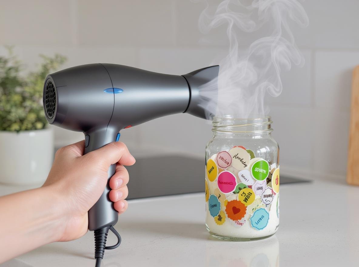 Hair dryer removing stickers from glass jar with heat method