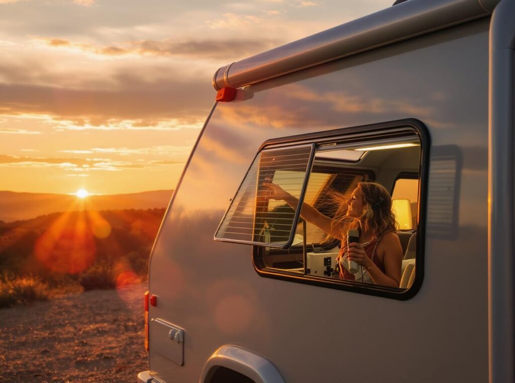 Woman using hair dryer in RV with solar panels and portable power station at campsite