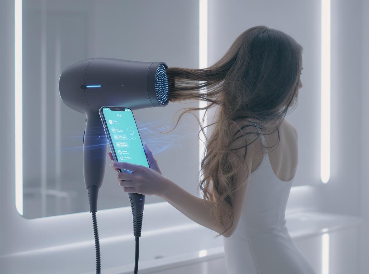 Smart hair dryer with app connectivity and sensors preventing heat damage