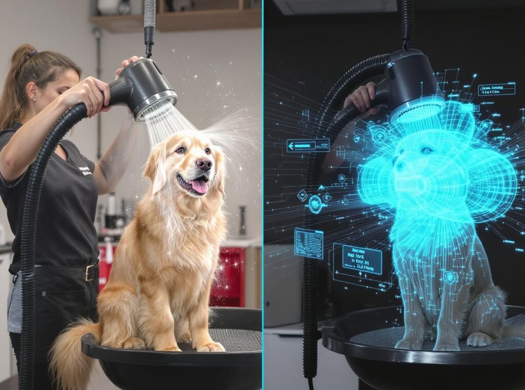 Professional pet grooming dryer vs human hair dryer technical comparison in commercial salon