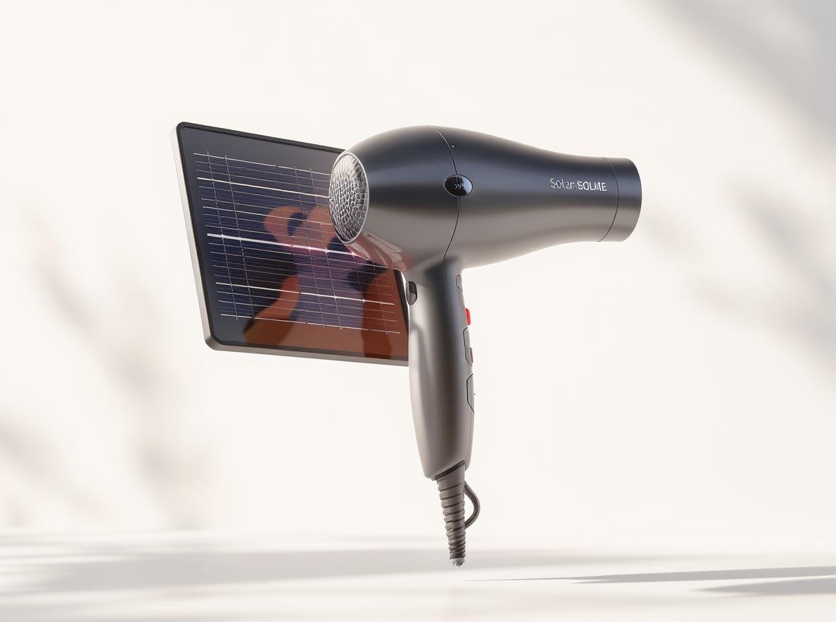 Solar-powered hair dryer with integrated solar panels in bright sunlight