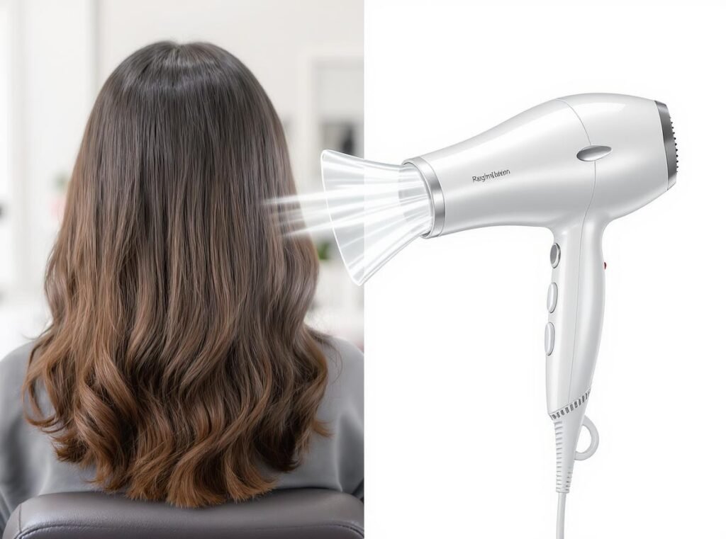 RevAir reverse-air dryer with suction technology transforming curly textured hair in professional salon setting