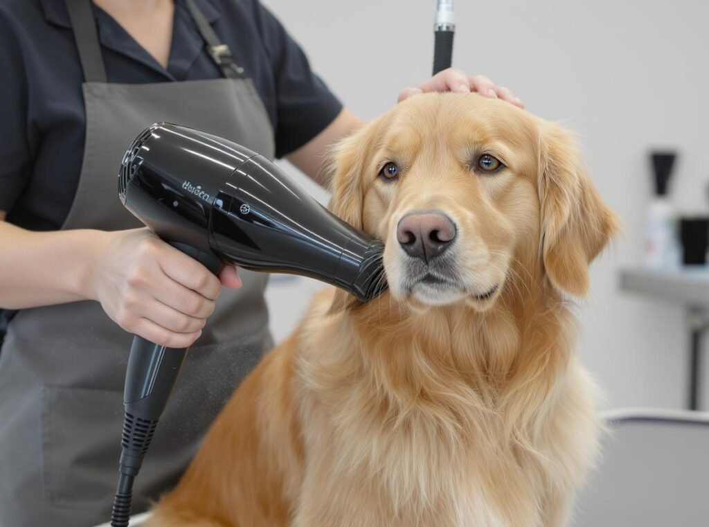 Professional dog groomer using high-velocity dryer on golden retriever demonstrating correct technique