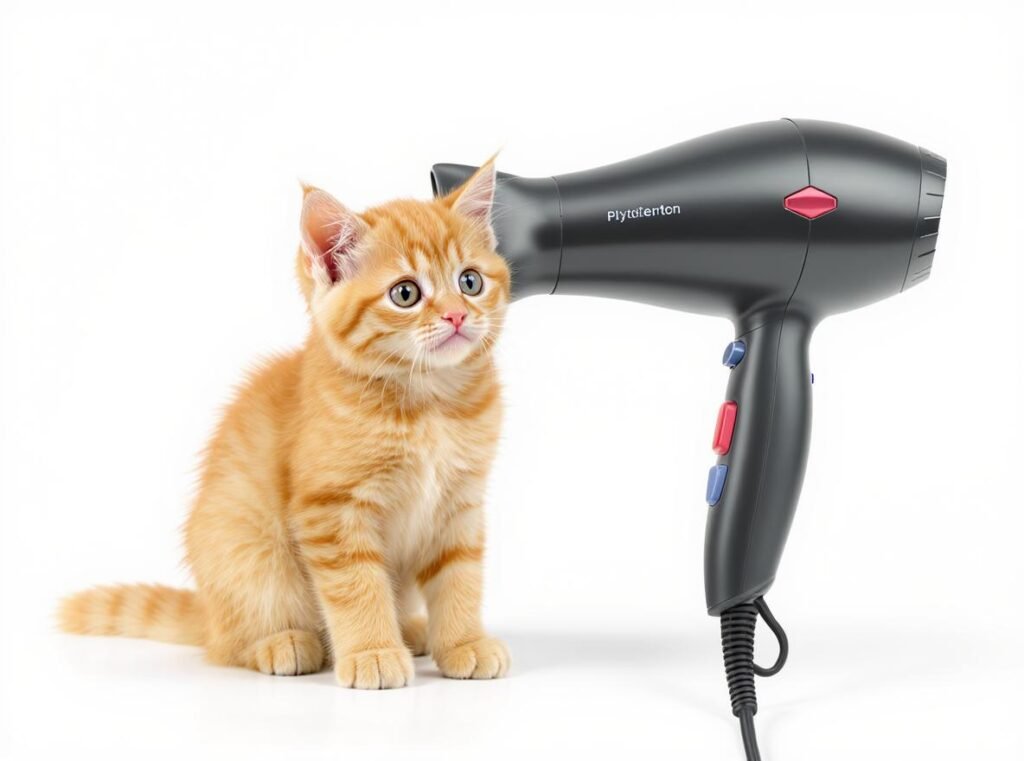 Small kitten sitting next to hair dryer showing pet safety concerns
