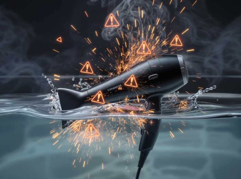 Hair dryer submerged in water showing electrical sparks and danger warning symbols