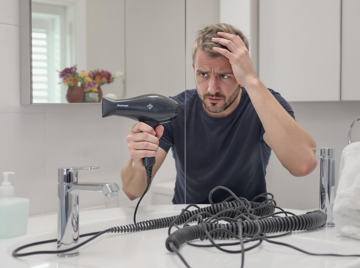 Person holding hair dryer with retractable cord that won't retract on bathroom counter