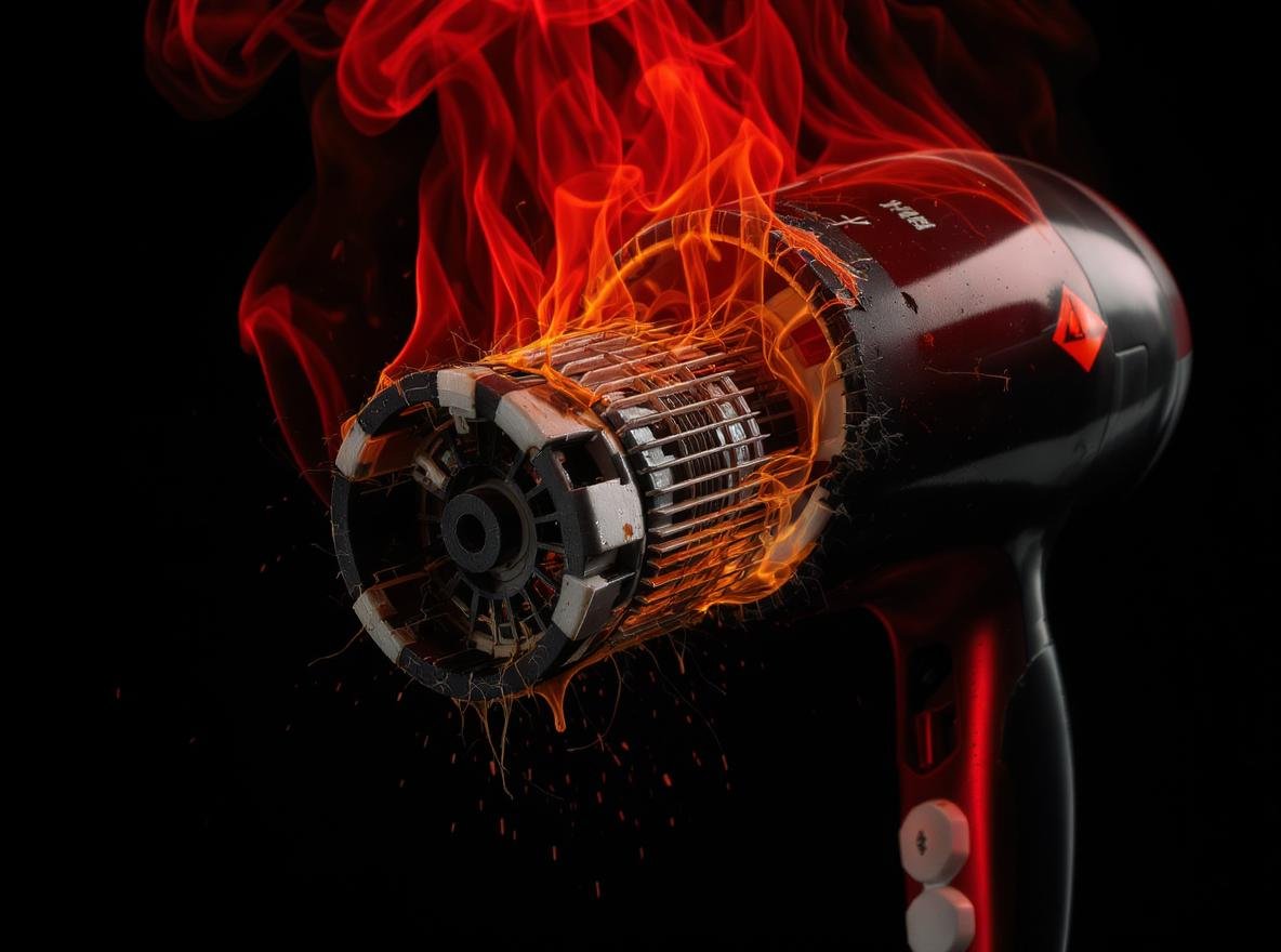 Damaged hair dryer smoking without filter showing motor damage and fire hazards