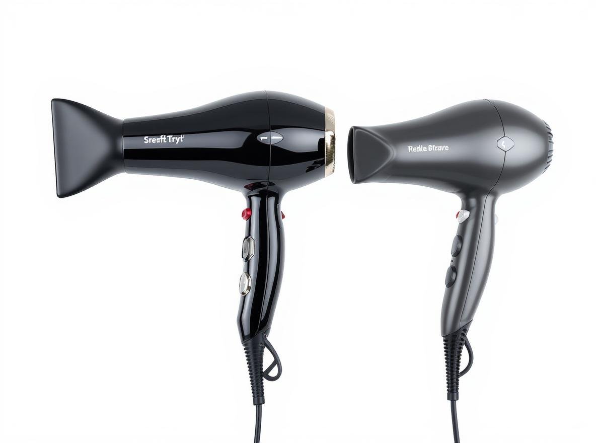 Professional expensive hair dryer vs cheap budget model comparison showing design and build quality differences
