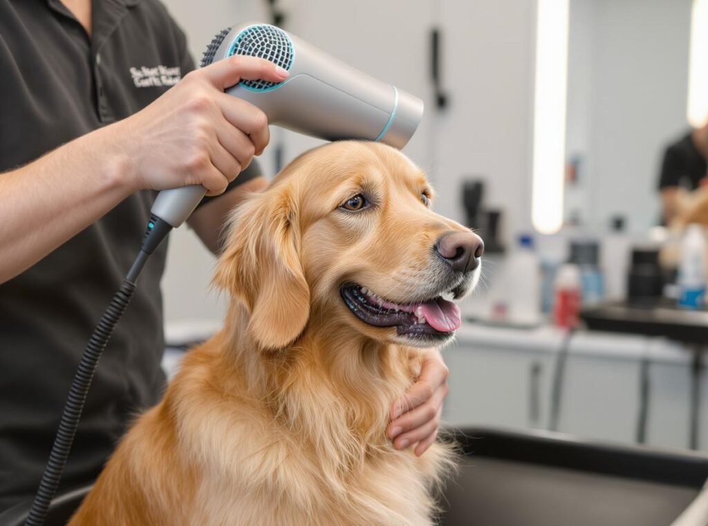 Professional dog groomer using temperature-controlled hair dryer on golden retriever in modern grooming salon