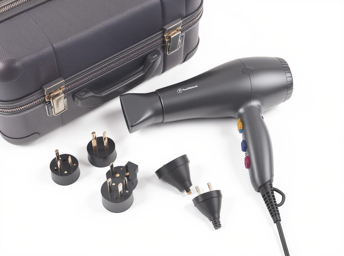 Hair dryer with European plug adapters and voltage converter for safe travel