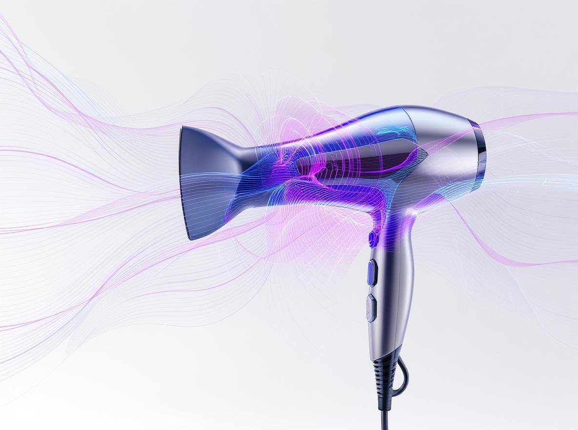 Hair dryer electromagnetic field radiation visualization showing EMF waves