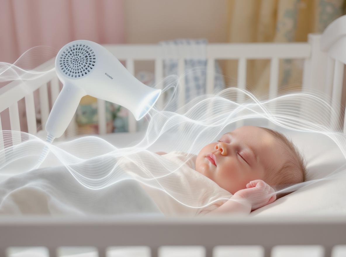 Baby sleeping peacefully with white noise waves from hair dryer - safe sleep solutions