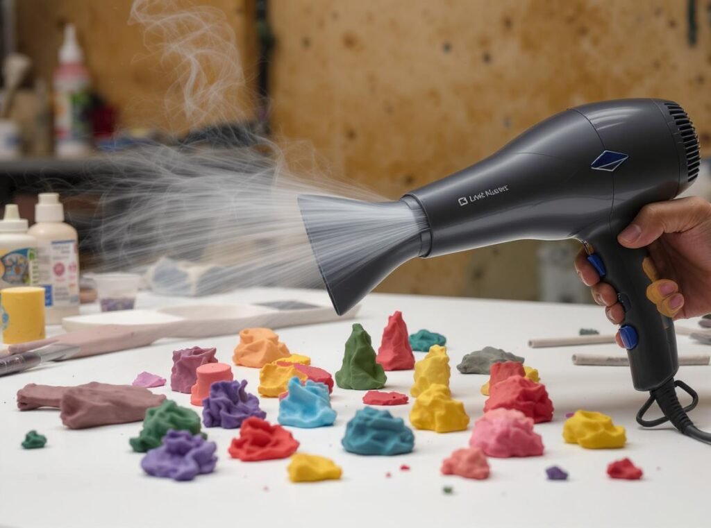 Hair dryer blowing air at colorful polymer clay sculptures on craft table