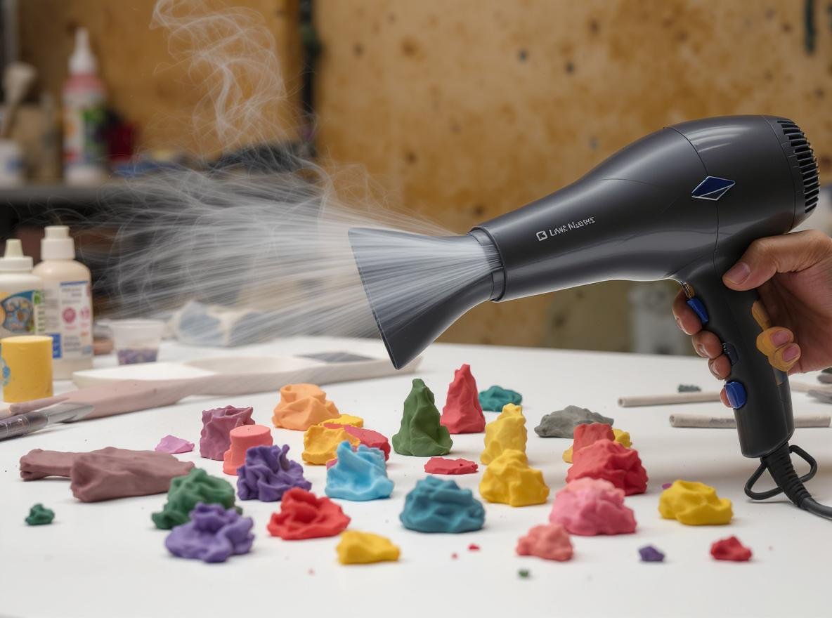 Hair dryer blowing air at colorful polymer clay sculptures on craft table