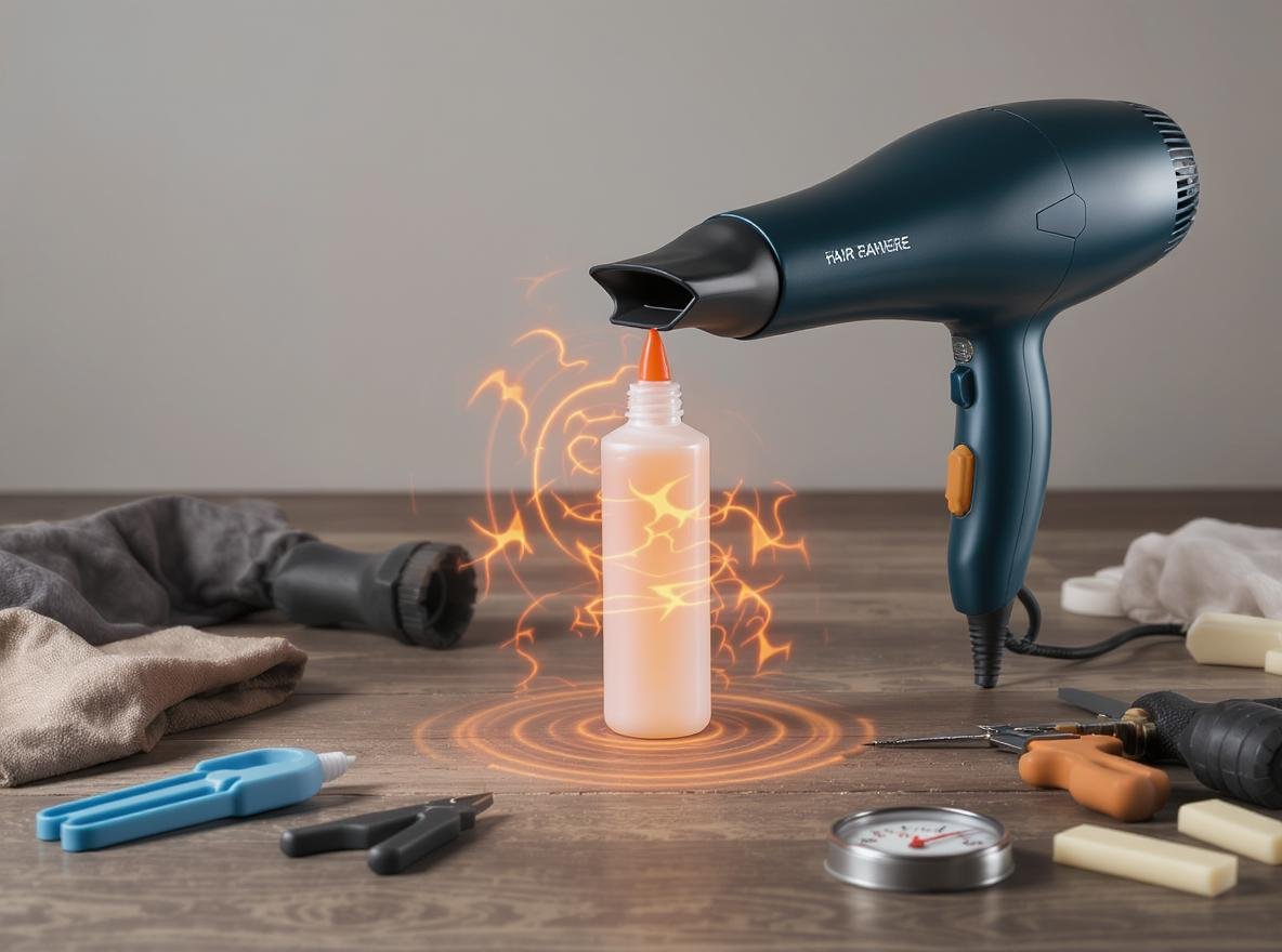 Hair dryer heating hot glue stick with temperature comparison for craft projects