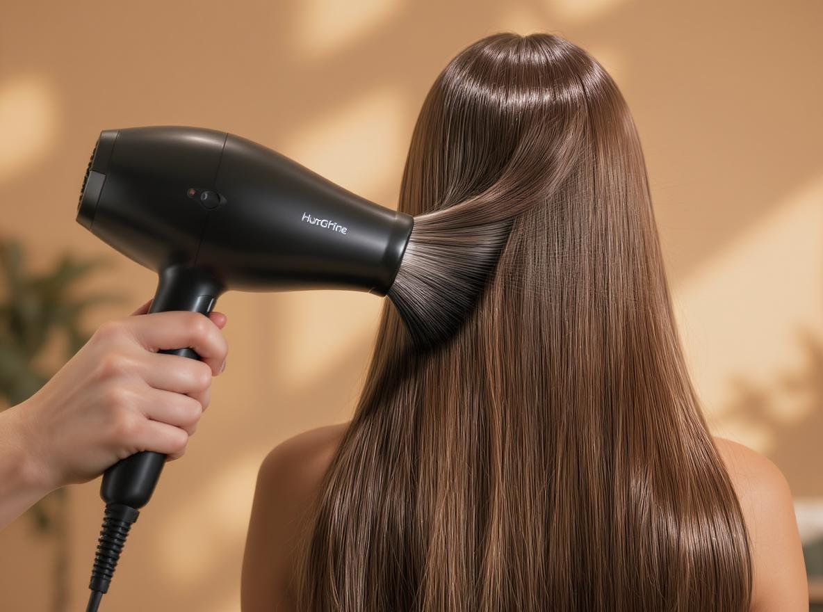Hair dryer distributing natural oils through long brunette hair for glossy shine