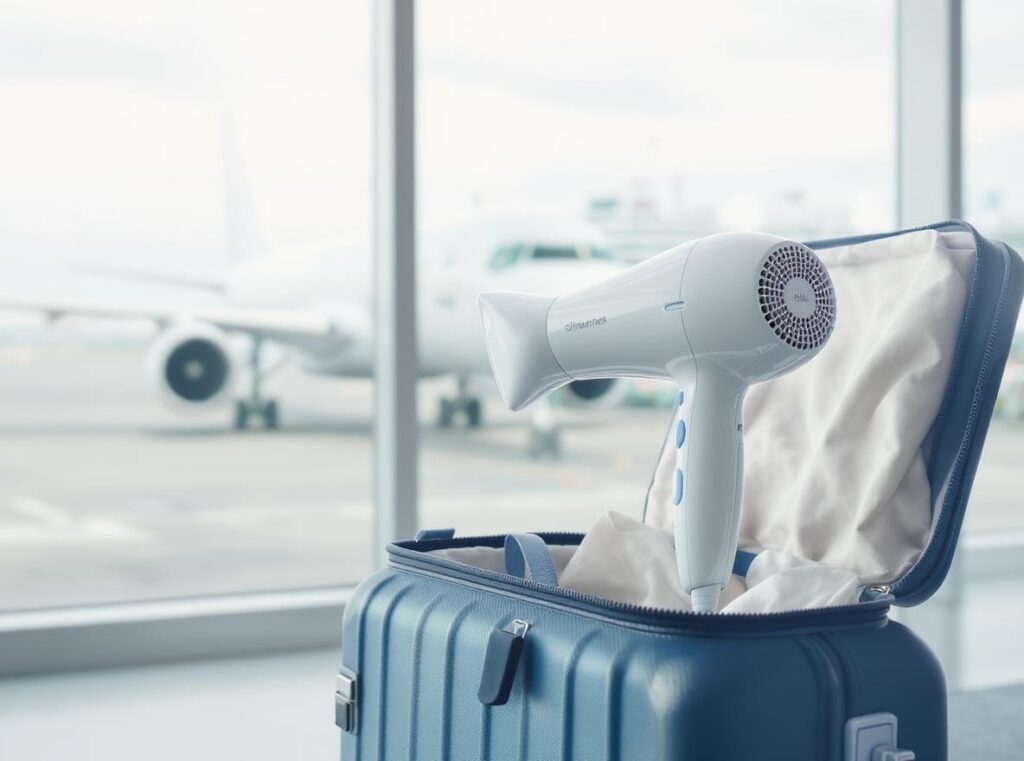 Hair dryer in suitcase with airplane and cruise ship for travel