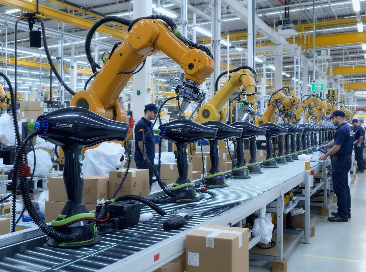 High-speed hair dryer manufacturing assembly line showing complete supply chain process from factory to retail shelf