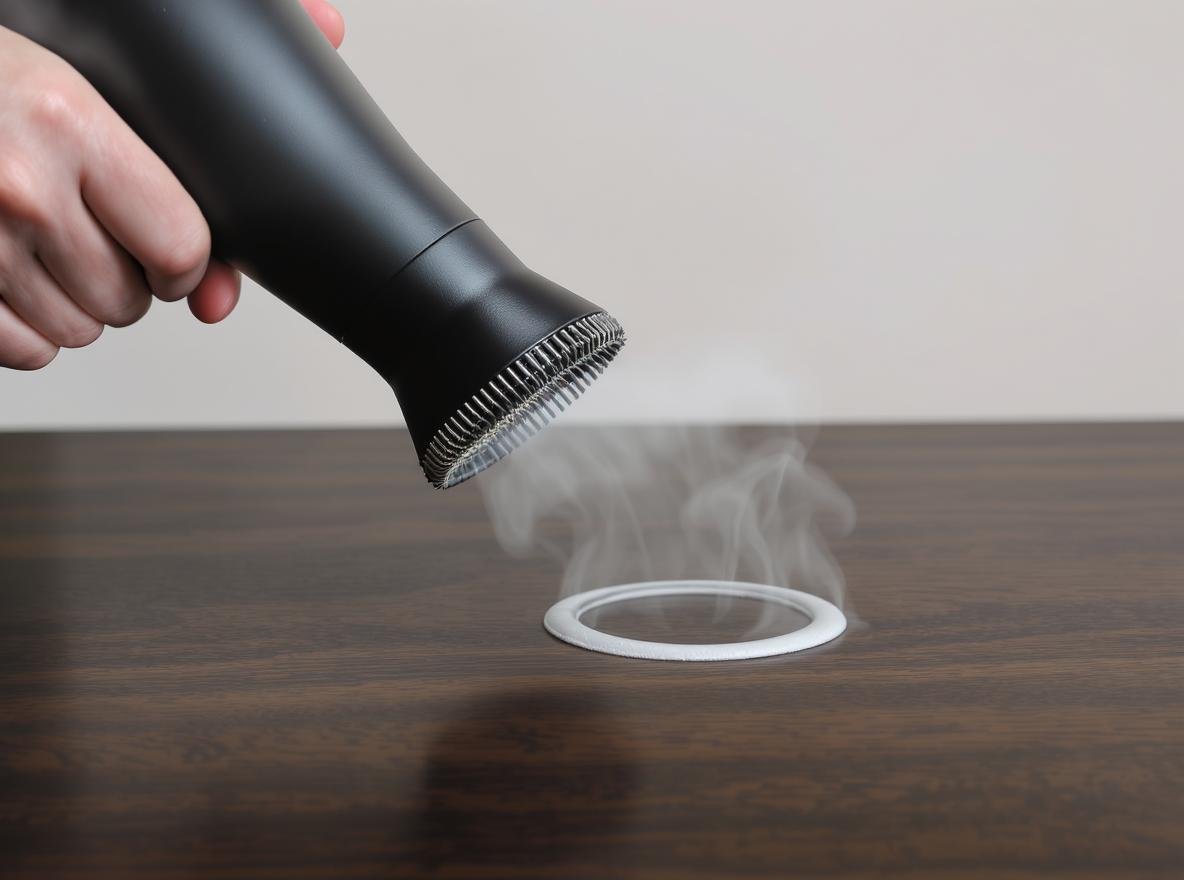 Hair dryer removing water stain from wooden table - before and after comparison