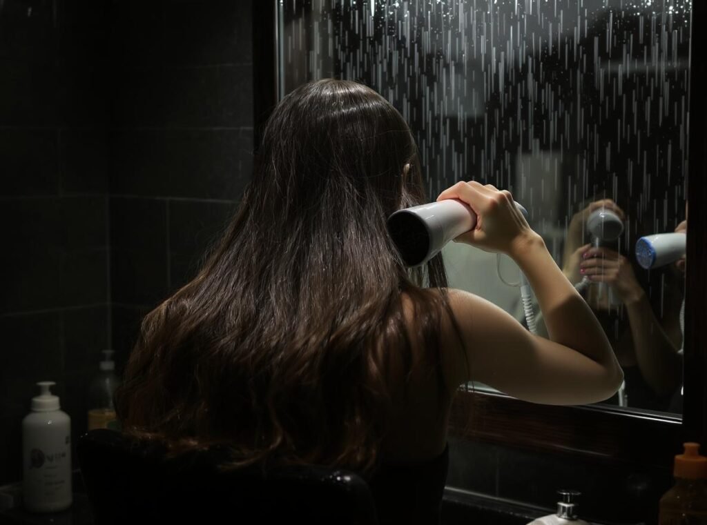 Woman using ionic hair dryer during monsoon season with rain visible through window