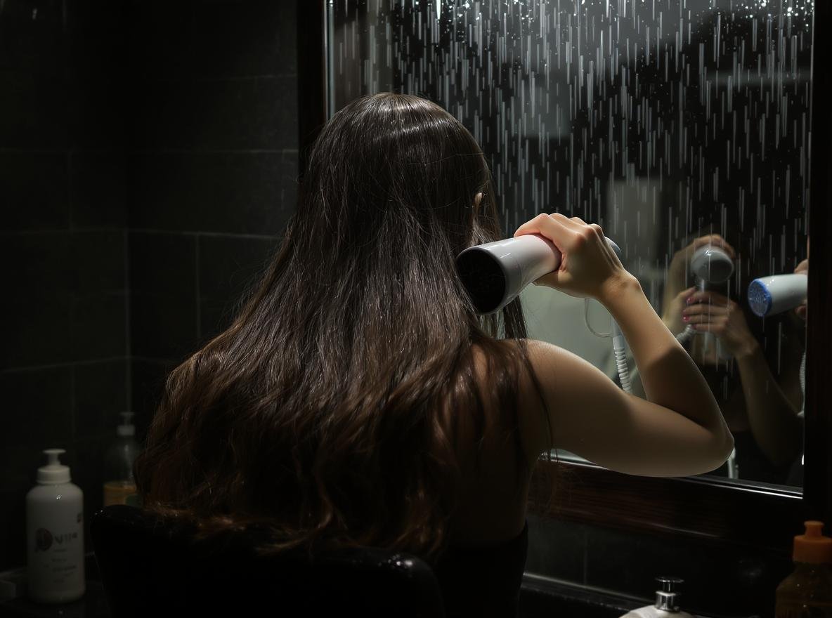 Woman using ionic hair dryer during monsoon season with rain visible through window
