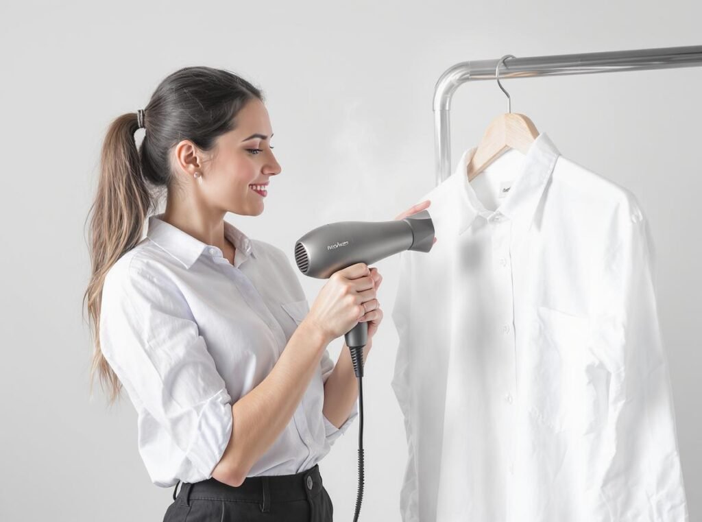 Woman using hair dryer to remove wrinkles from white cotton shirt