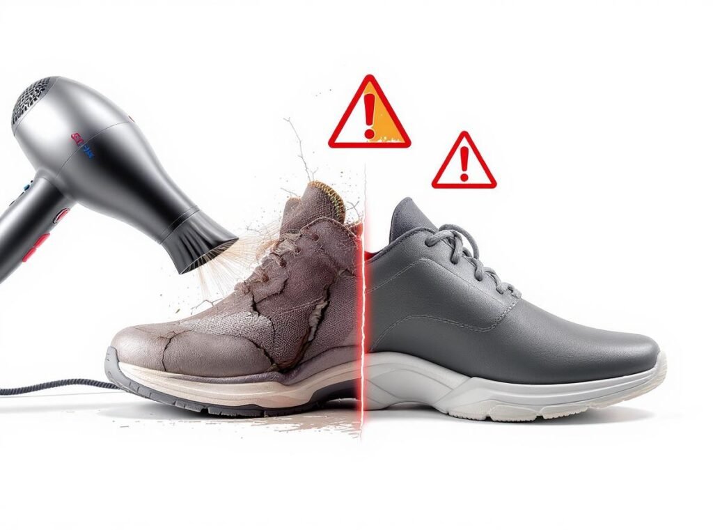 Hair dryer pointing at shoes showing damage risks vs safe drying methods