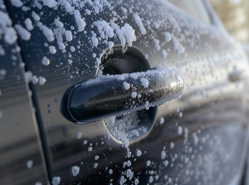 Frozen car door handle covered in ice crystals during winter morning