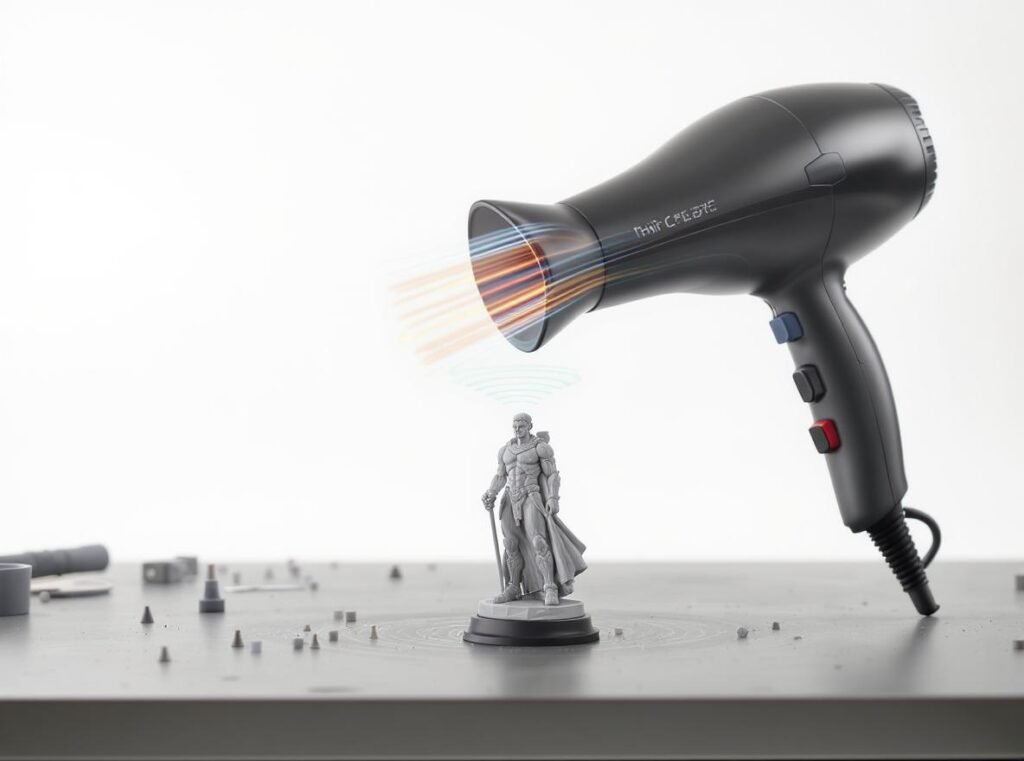 Professional hair dryer being used for 3D printing post-processing on workbench