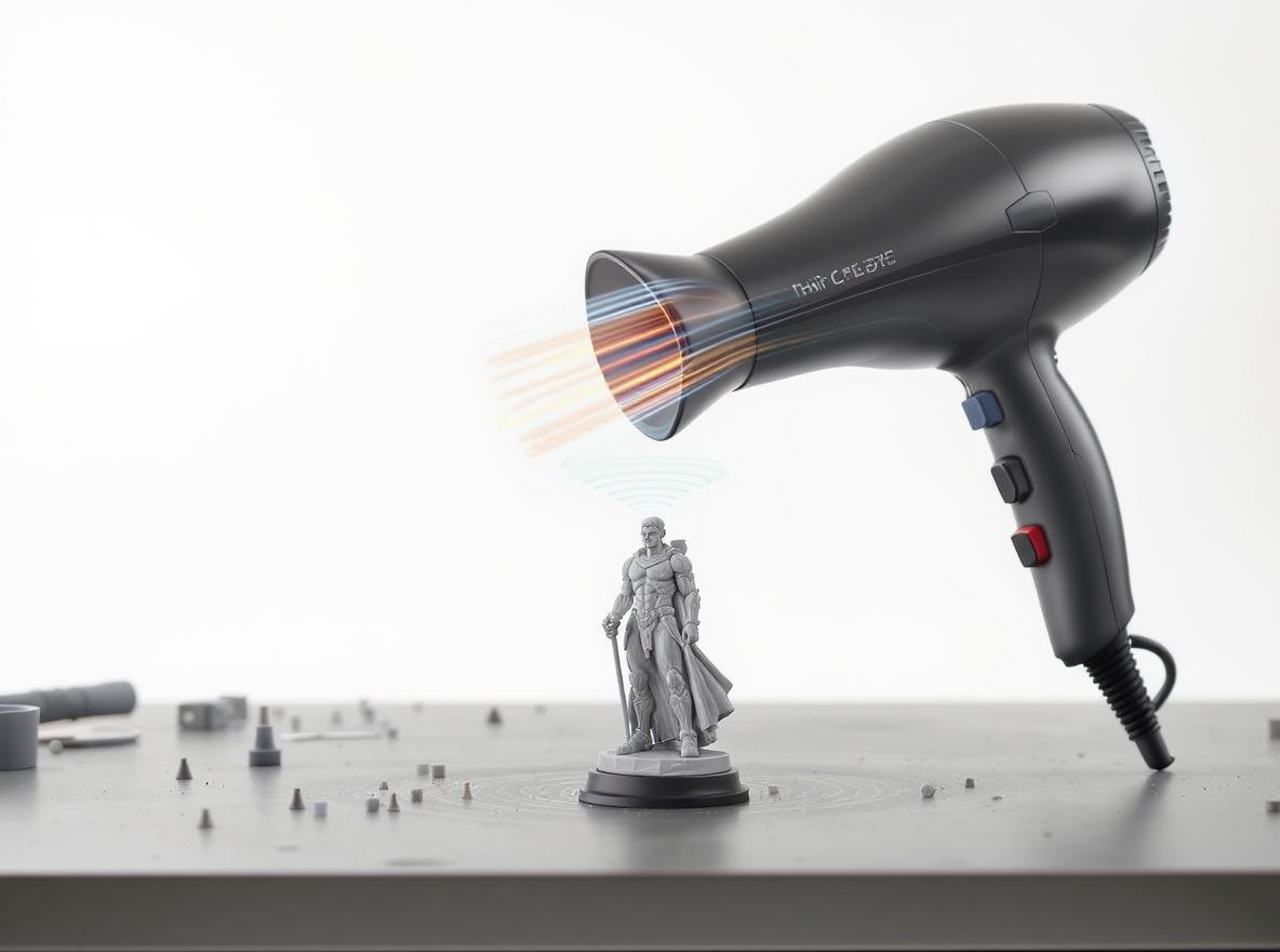 Professional hair dryer being used for 3D printing post-processing on workbench