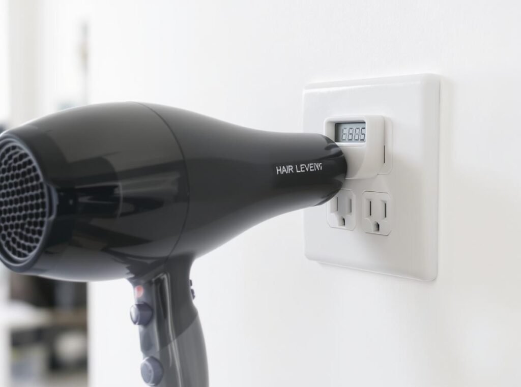 Professional hair dryer amperage measurement showing electrical outlet and amp meter