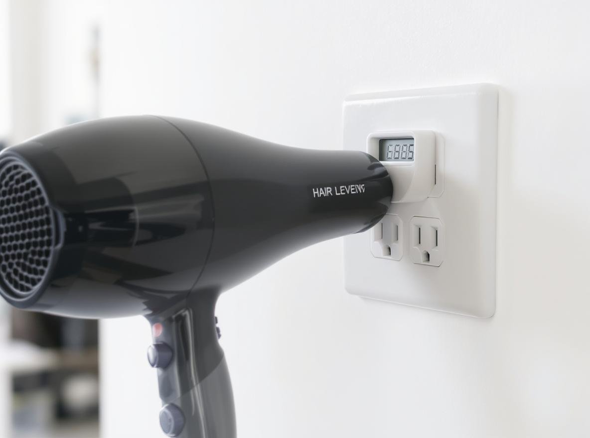 Professional hair dryer amperage measurement showing electrical outlet and amp meter